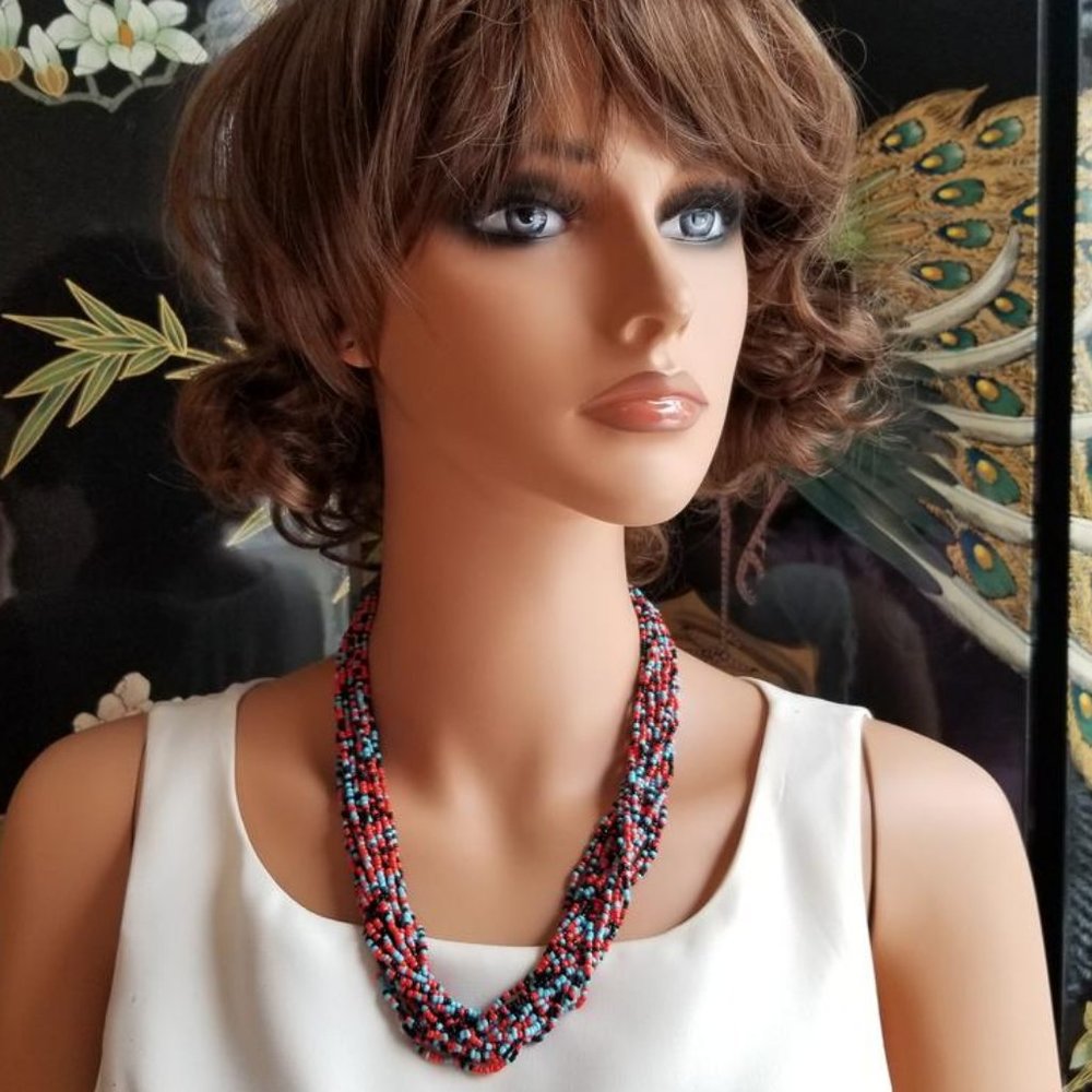 Red,Black and Blue Micro Beaded Boho 20" Necklace